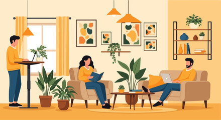 Fototapeta premium People relaxing and working in a cozy living room setting.