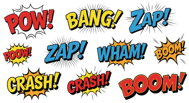 Colorful comic book sound effects collection on white background