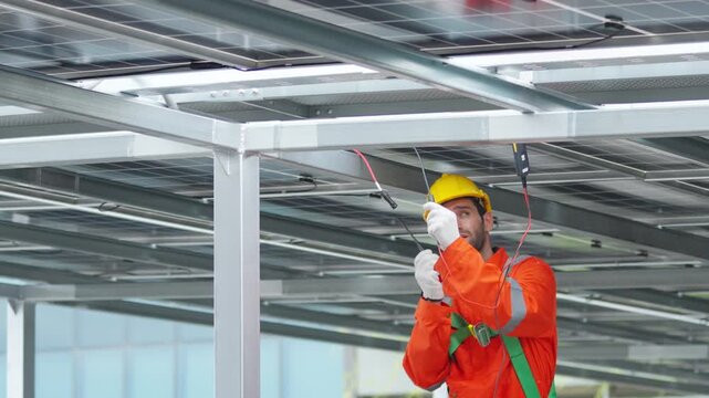 Male engineer inspecting electrical wiring under solar panels using clamp meter checking current and voltage renewable energy system technician maintenance industrial electrical inspection process