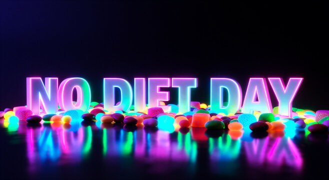 Colorful glowing candy spelling out no diet day celebration in vibrant neon lights scene
