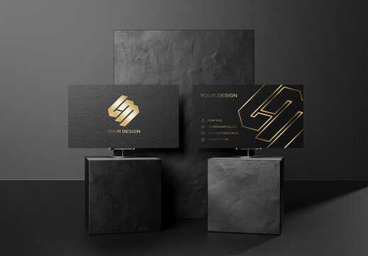 2 Black Textured Business Cards On Dark Display Mockup
