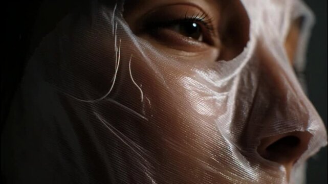 A woman with a sheet mask on her face is looking calm and serene in this video.
