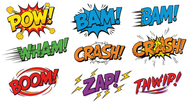 Colorful comic book sound effect bubbles on white background