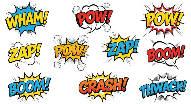 Colorful comic book sound effect speech bubbles on white background