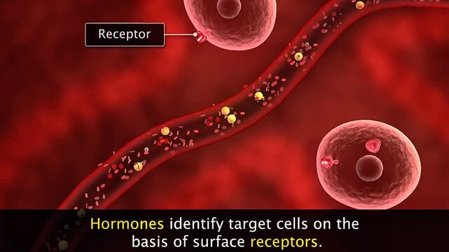 3D animation showing hormone identification of target cells via receptor binding and signaling.
