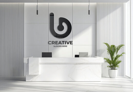 3D Reflective Logo On White Office Wall Mockup