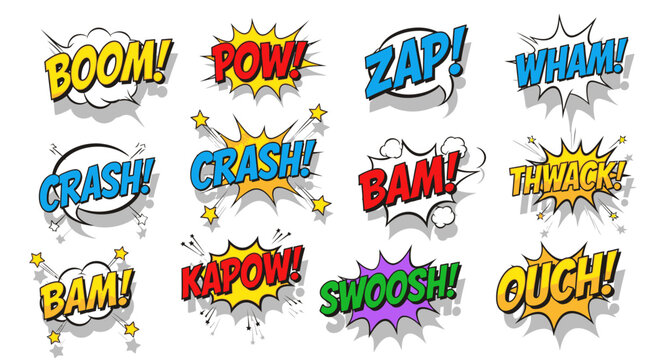 Colorful comic book sound effect bubbles set on white background