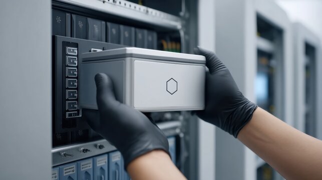 Close-Up Shot of Hands Wearing Black Gloves Placing a Silver Box into a Server Rack in a Modern Data Center Environment