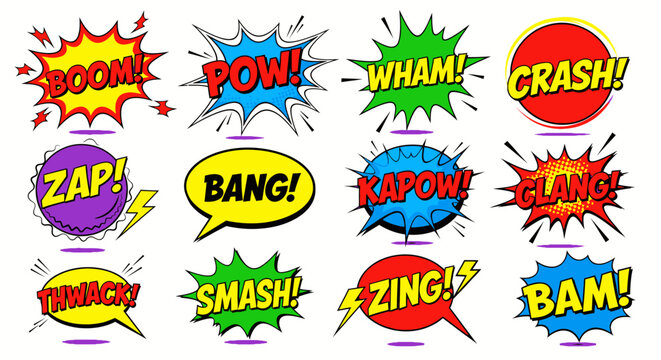 Colorful comic book sound effect speech bubbles set