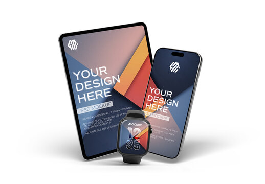 Floating Smartphone, Tablet and Smartwatch Mockup Isolated on Transparent Background