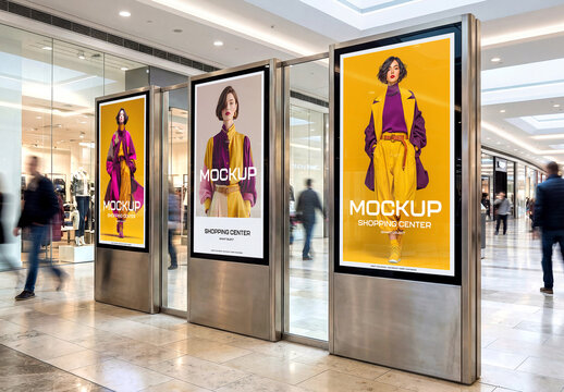 Three Metallic Billboards in Bright Shopping Center Interior Mockup