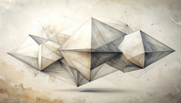 Geometric, translucent shapes float with connecting lines and painterly washes