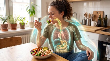 Woman eating healthy food showing digestive system and metabolism