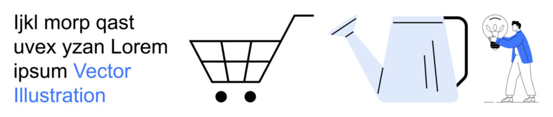 Naklejka premium E-commerce, sustainability, innovation, gardening, education, creativity. Minimalist shopping cart, watering can and person holding a light bulb. E-commerce and sustainability through clean design