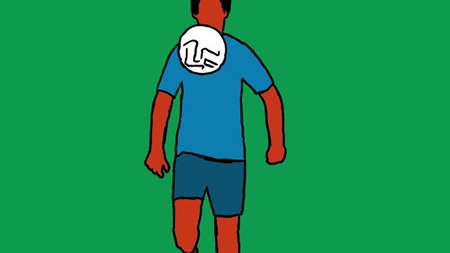 rotoscope animation of football player juggling ball with his thigh in vintage retro color style with green screen background. seamless looping