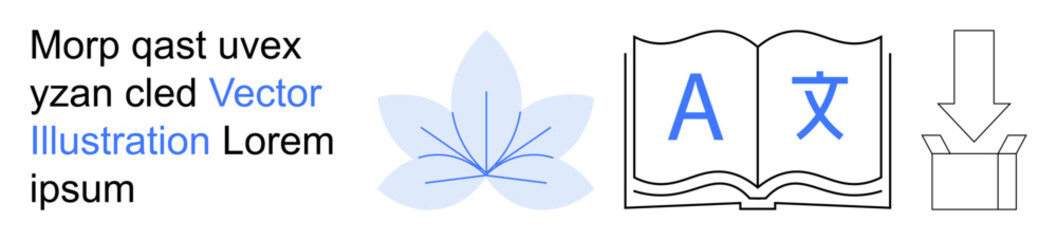 Obraz premium Language learning, translation tools, cultural communication, download services, text editing, educational content. Open book with translation symbol, download arrow. Language learning