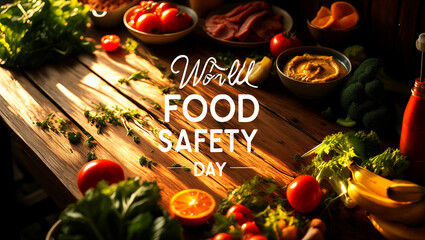 Fresh vegetables and fruits arranged on wooden table celebrating world food safety day concept