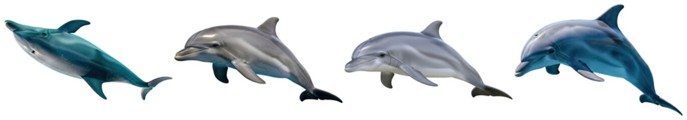 Four graceful common bottlenose dolphins swimming in natural poses, depicted with a transparent background. © NaturePNG