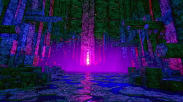 Cinematic 4K Alien Temple Interior with Mysterious Violet Light Portal and Mossy Stone Architecture