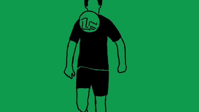 black scribble doodle sketch style rotoscope animation of football player juggling ball with his thigh on green screen background. 