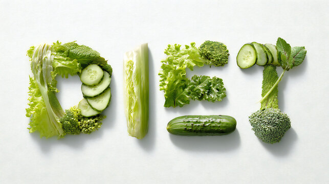 DIET text made from fresh green vegetables on white background. Clean food and healthy lifestyle concept.diet, healthy, food, vegetable, fresh, nutrition, organic, green, wellness, clean, vegan, veget