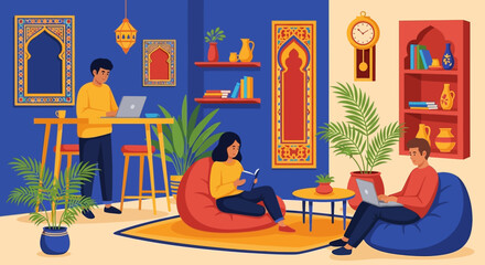 Fototapeta premium People working and relaxing in a modern bohemian living room.