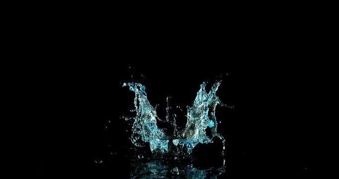 Super slow motion (1000 fps) water splash with dynamic asymmetric shape, isolated on black background. Cinematic liquid motion with droplets, ideal VFX overlay for product placement.