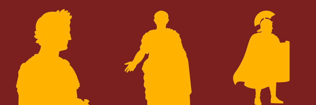 The World of the Civitas: Roman bust, orator gesturing and legionary silhouettes