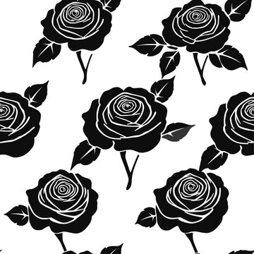 Seamless pattern of black rose flowers with leaves in repeating layout ideal for textile wallpaper wrapping paper and decorative surface design