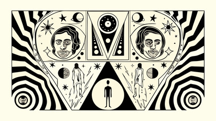 A striking black and white illustration featuring portraits figures and celestial motifs in a psychedelic style © SayanKumar