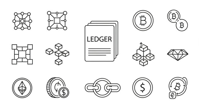 Digital currency and blockchain technology icons.