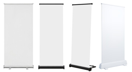 Blank white roll-up banners with aluminum stands, isolated on a transparent background, ready for custom branding. © Food and Drink