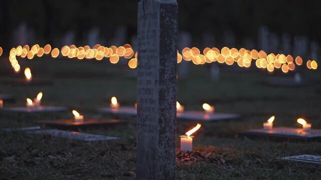 Dark Remembrance Gathering. Evening Burial Site Ambiance. Calm Evening Scene With Glowing Candles At Memorial Site. Tranquil Dusk Setting With Flickering Votives And Aged Tombstones In Silent Tribute