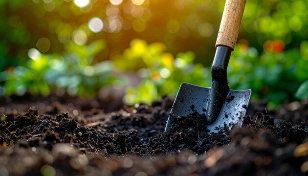 Shovel stuck in rich dark soil, natural garden backdrop, gardening tool concept, outdoor gardening and nature theme.