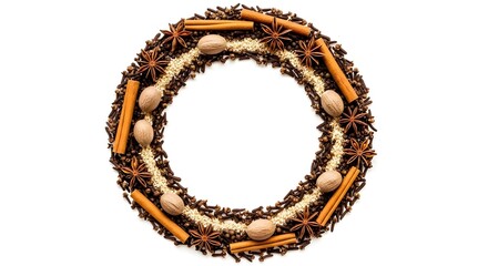 Obraz premium Spice wreath with cinnamon sticks and star anise on white background