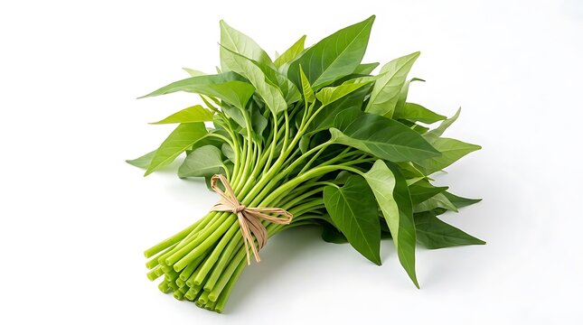 Kangkung segar seikat biasanya dibawa oleh penjual sayur. Latar belakang putih untuk keperluan iklan, reklame, pamflet, sepanduk, baliho dan media iklan atau vegetable advertising lainnya