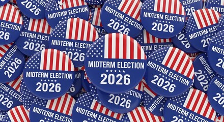 Fototapeta premium Many campaign buttons for the 2026 midterm election cover a white surface in a patriotic design.