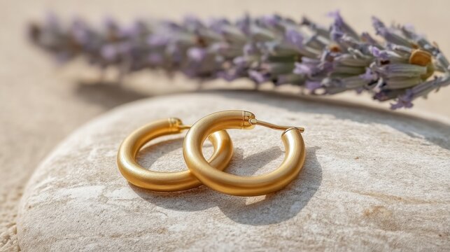 Elegant Gold Hoop Earrings with Topaz Accents on a Natural Stone Surface Surrounded by Lavender for Stylish Accessories and Fashion Photography