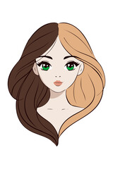 Logotipo de salón de belleza. Dibujo minimalista con líneas de la cara de una chica joven con cabello de dos colores, peinado con ondas © teracreonte