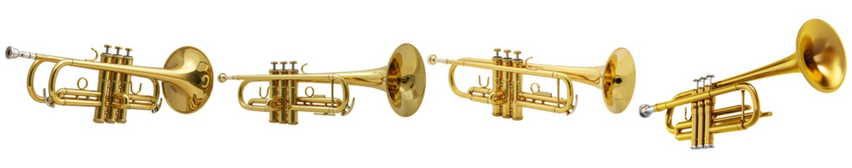 Four distinct brass trumpet 3D renders with polished finishes, isolated on a transparent background. © NaturePNG