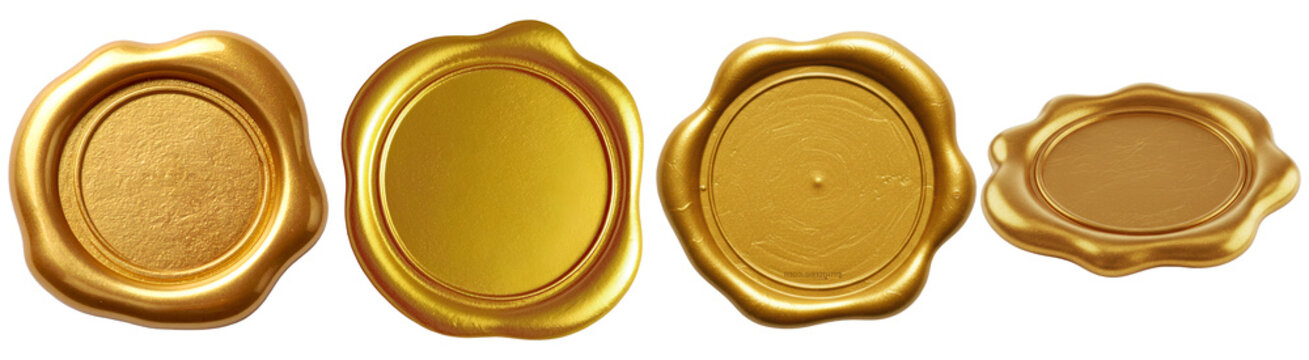 Collection of four golden wax seals, empty and ready for custom engraving, isolated on transparent background.