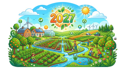Naklejka premium 2027 Sustainable Agriculture Concept Illustration with Farmers Working in Eco-Friendly Organic Fields, Wind Turbines, Solar Panels, and Smart Irrigation System