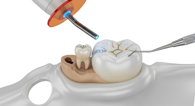 Macroscopic 3D render of a professional dental filling procedure on a human molar tooth, clinical dentistry treatment using white composite resin for restoration and cavity repair.