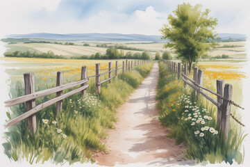 Fototapeta premium A serene country path winds through a vibrant meadow under a clear blue sky, leading to distant rolling hills