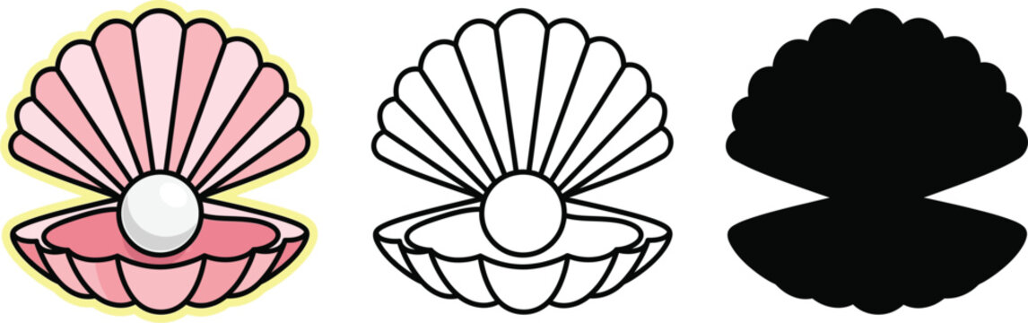 Three clamshell illustrations, full color, line art, and silhouette pearl images