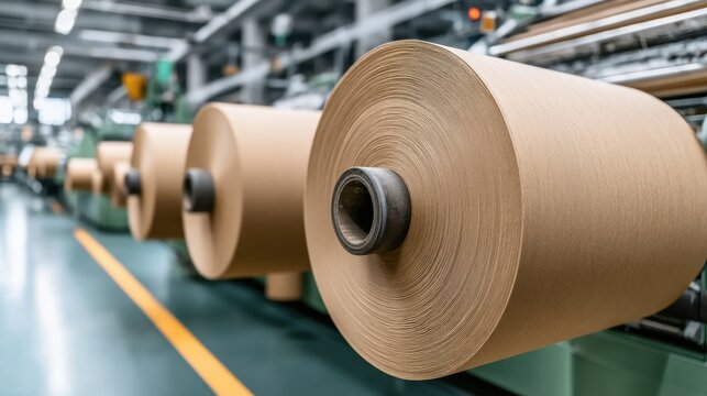 Close-Up of Brown Paper Rolls in a Factory Setting Featuring Manufacturing Equipment and Industrial Background