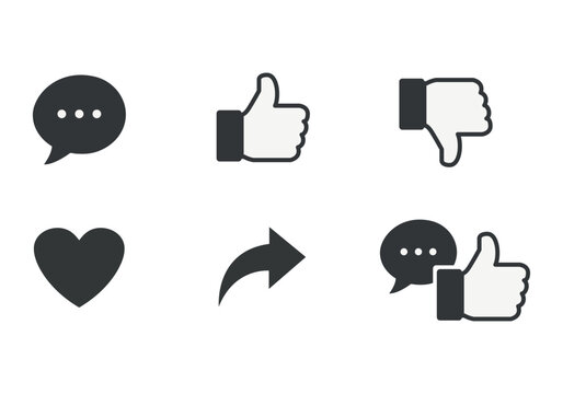 Conjunto de iconos minimalistas para redes sociales que incluyen reacciones de me gusta y comentarios