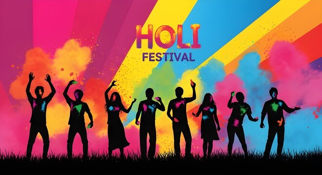 Colorful Holi Festival Banner with Silhouettes &ndash; Festival of Colors 2026 Design