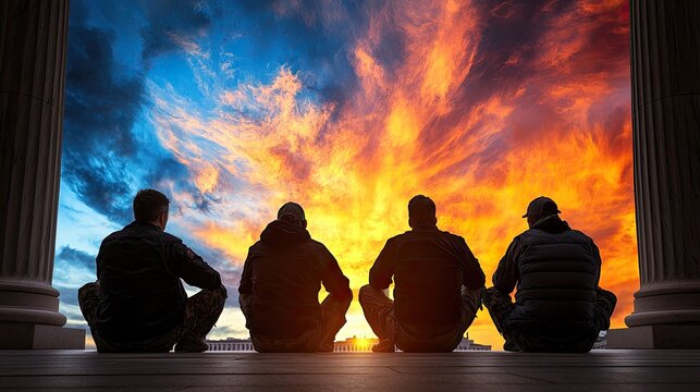 four men sitting on ledge looking at sunset