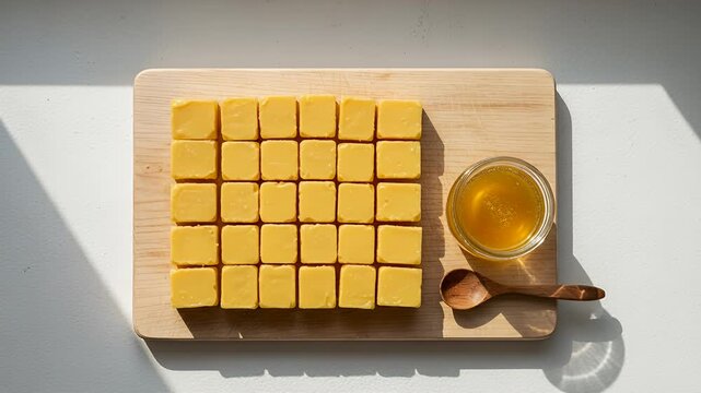 yellow cubes grid on wooden board with orange juice top view